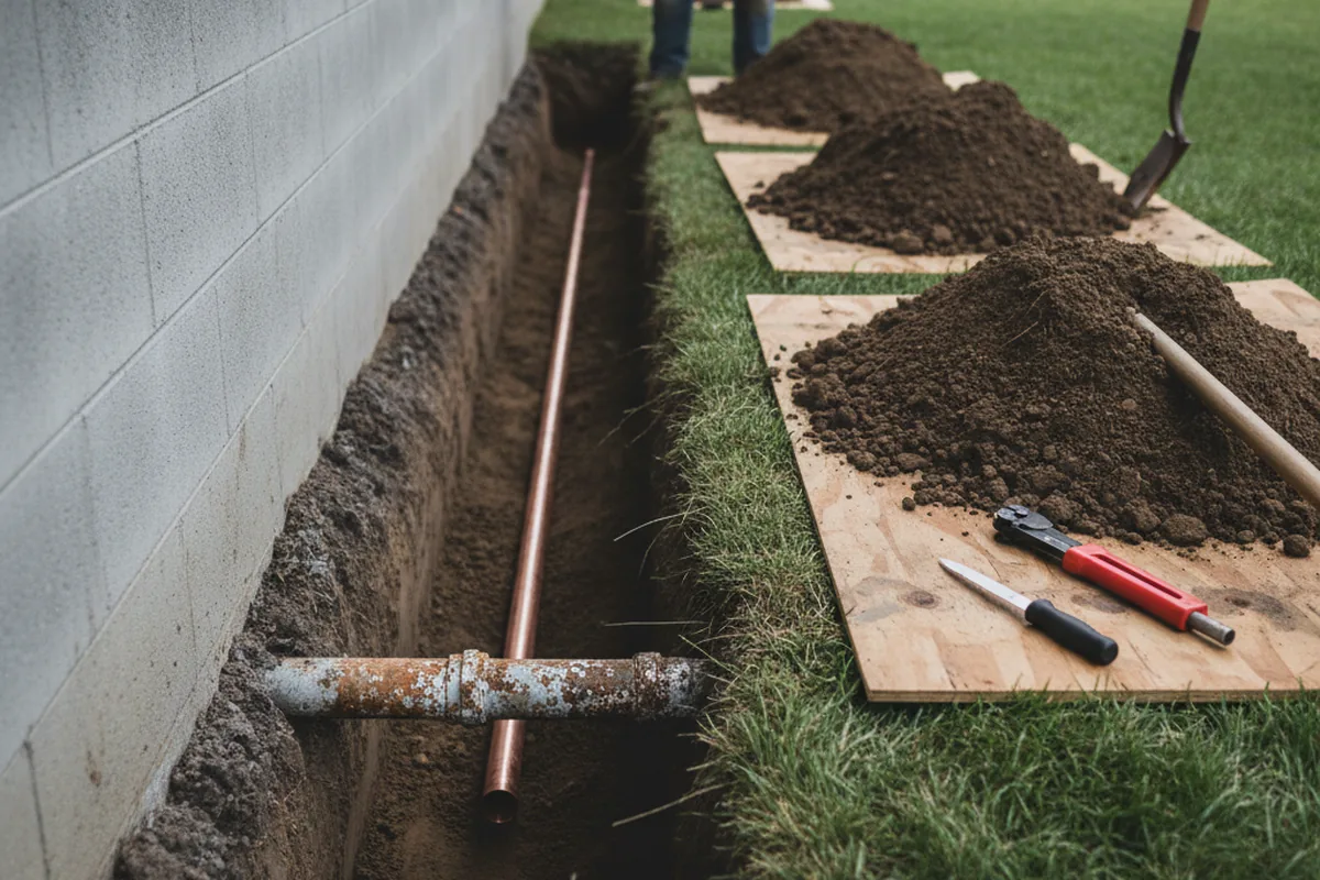 Excavated water line trench during Sewer Line Repair in Tamms
